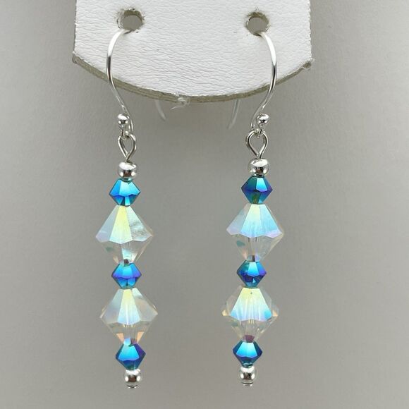 Made With Swarovski Crystals White AB Teal Blue Beaded Sterling Silver Earrings - Picture 1 of 6